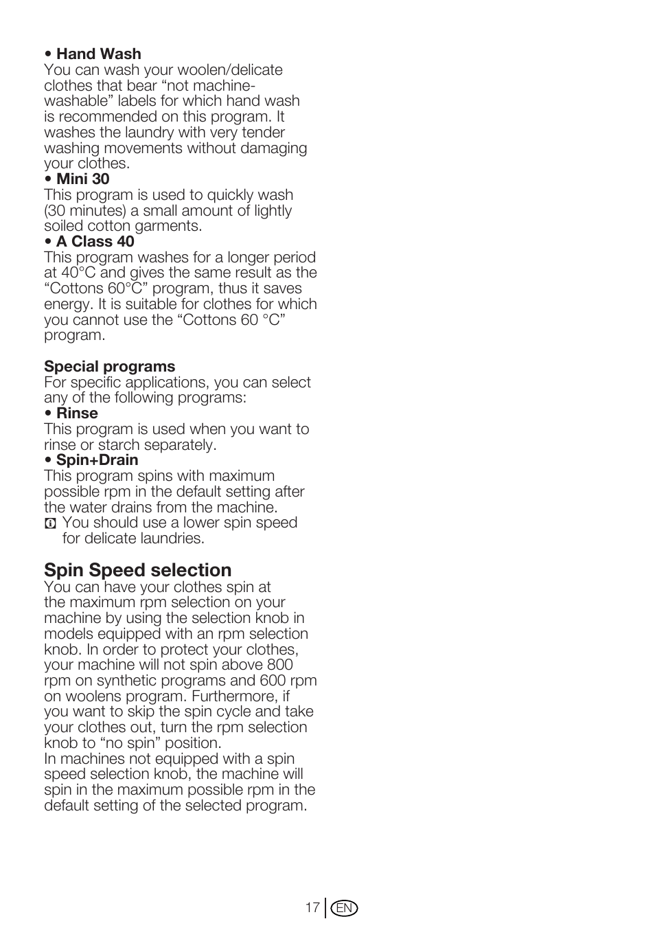 Spin speed selection | Beko WMC62W User Manual | Page 17 / 36