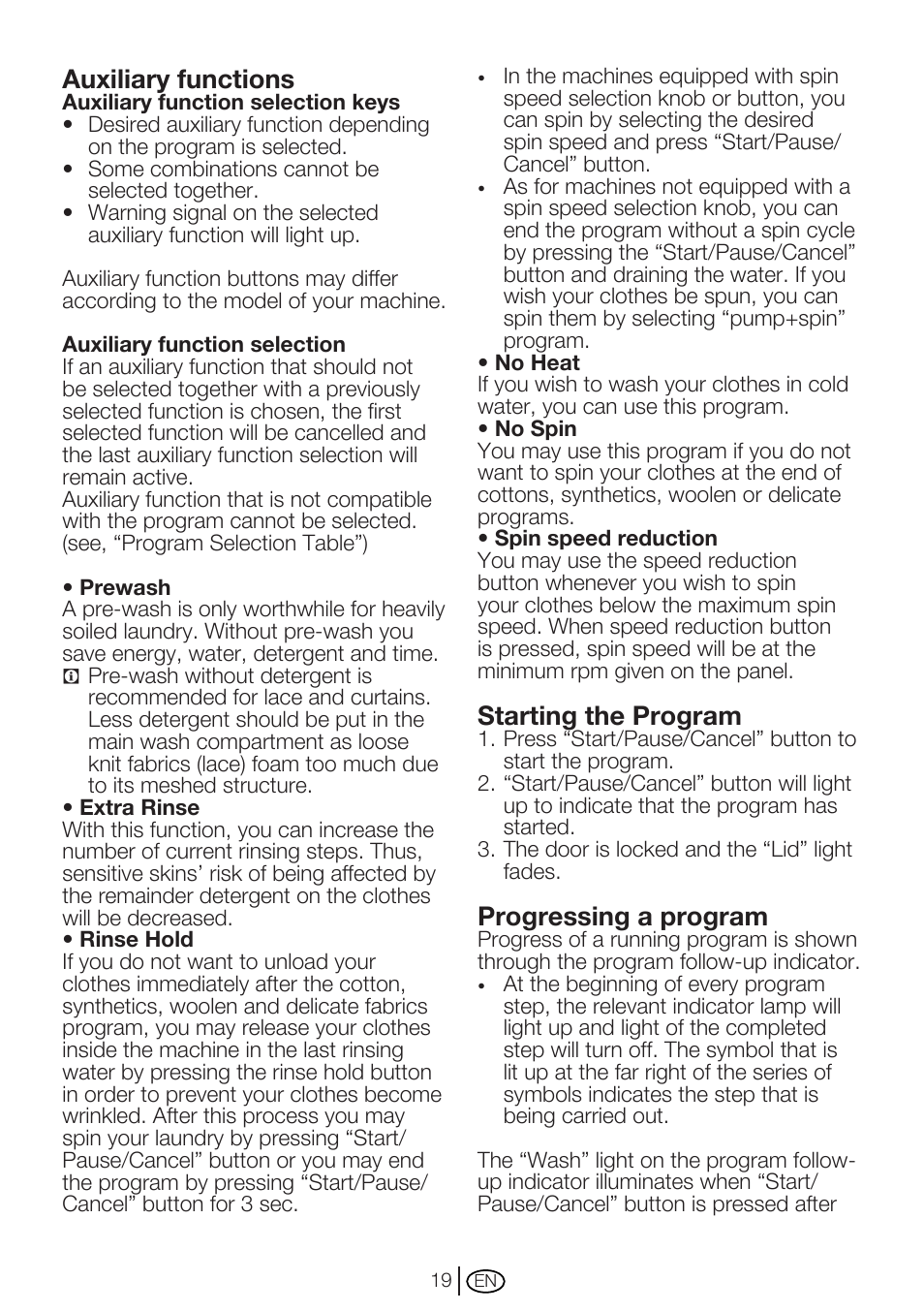 Auxiliary functions, Starting the program, Progressing a program | Beko WMC62W User Manual | Page 19 / 36