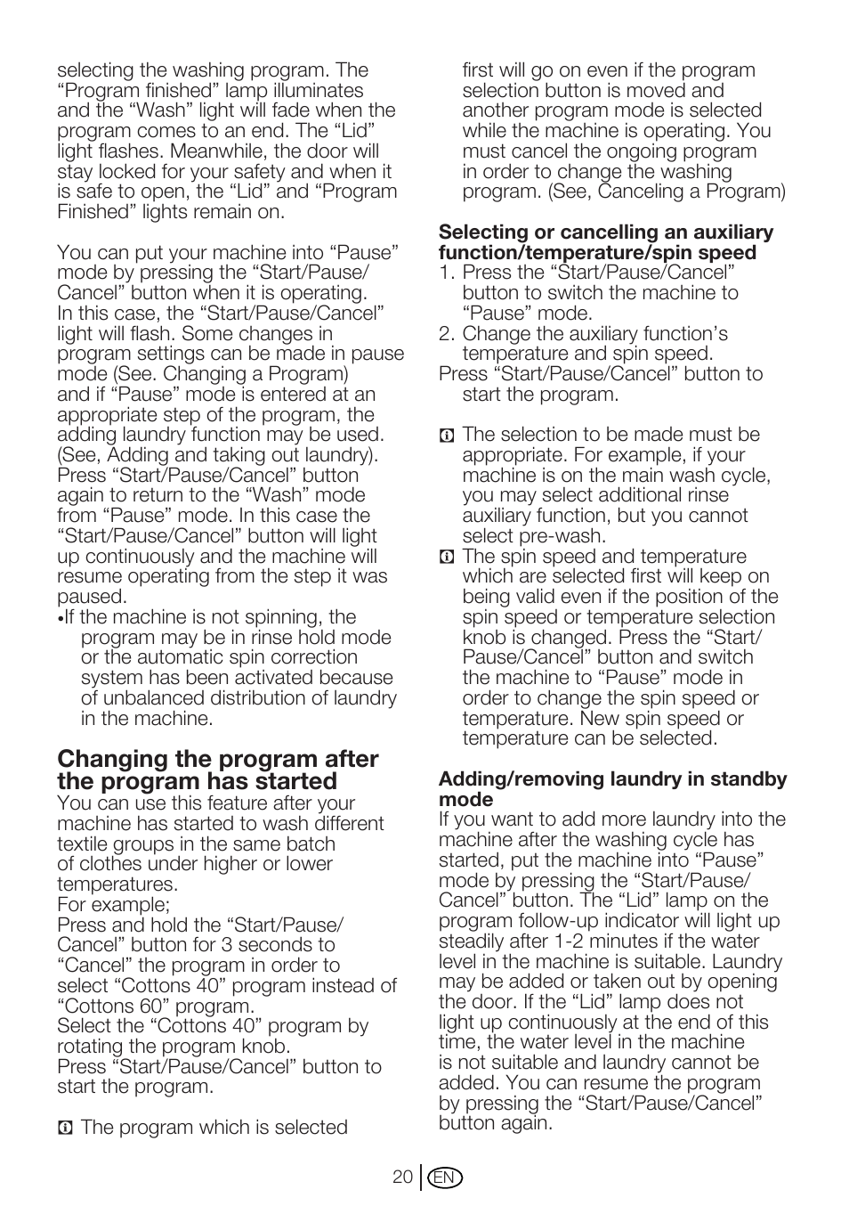 Changing the program after the program has started | Beko WMC62W User Manual | Page 20 / 36
