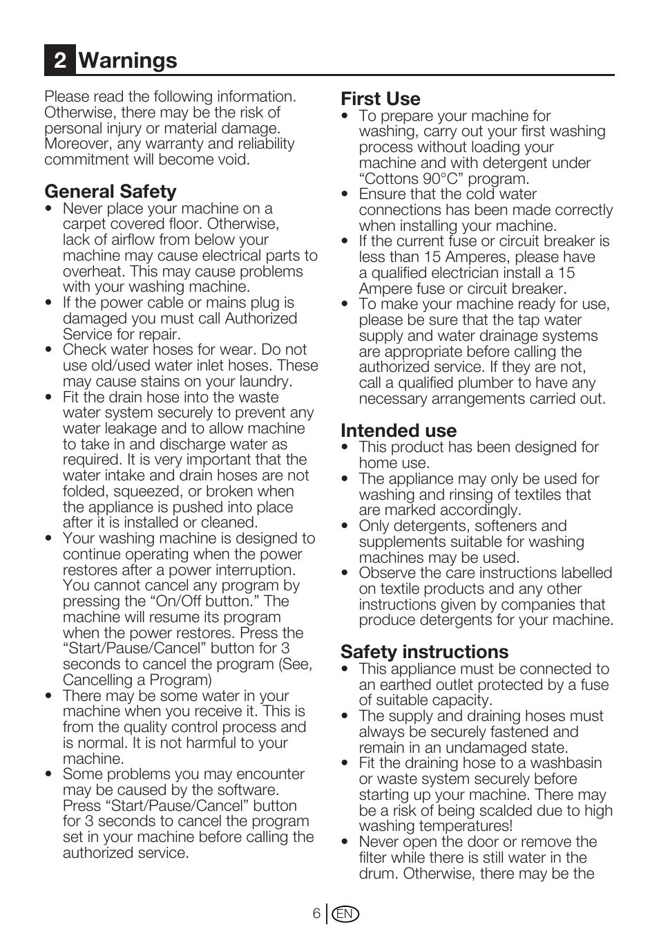 2warnings, General safety, First use | Intended use, Safety instructions | Beko WMC62W User Manual | Page 6 / 36