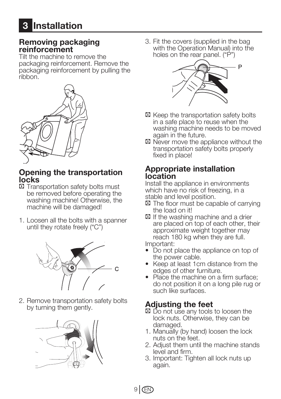 3installation, Removing packaging reinforcement, Opening the transportation locks | Appropriate installation location, Adjusting the feet | Beko WMC62W User Manual | Page 9 / 36
