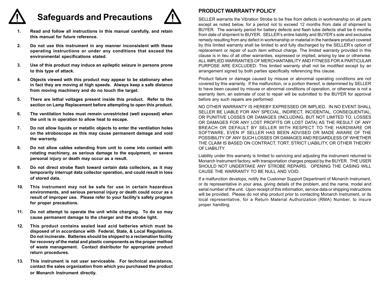 Safeguards and precautions | Monarch Instrument Vibration Strobe User Manual | Page 2 / 8