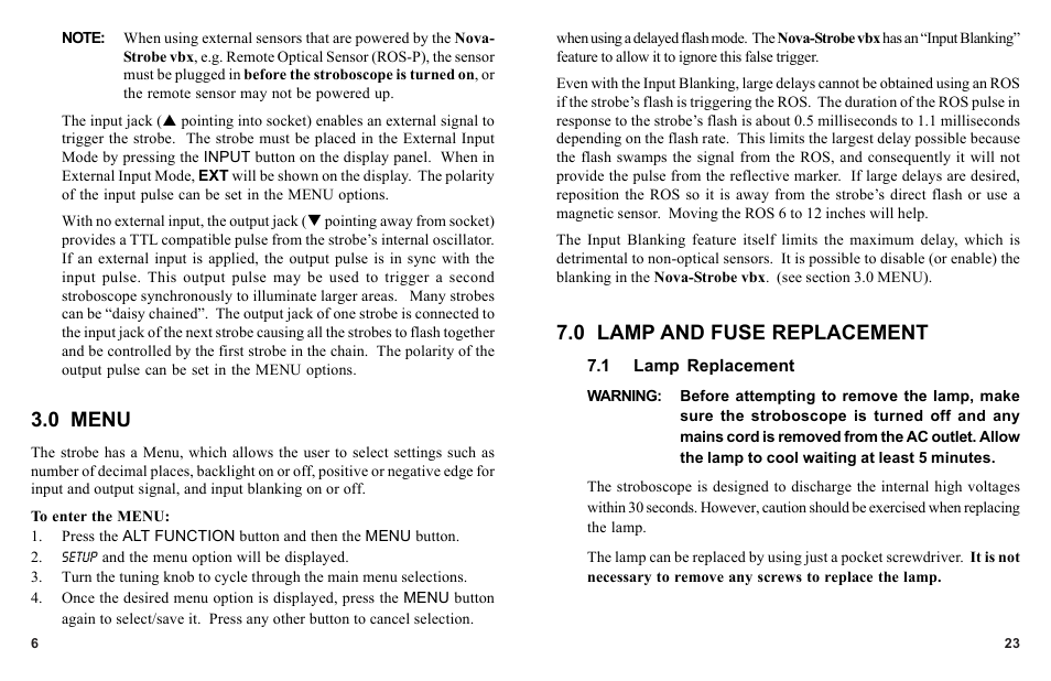 0 menu, 0 lamp and fuse replacement | Monarch Instrument Nova-Strobe vbx User Manual | Page 10 / 18