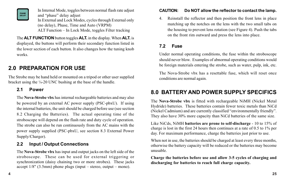 0 preparation for use, 0 battery and power supply specifics | Monarch Instrument Nova-Strobe vbx User Manual | Page 8 / 18