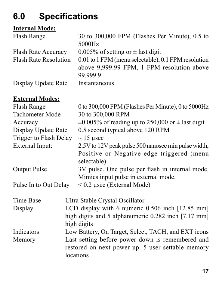 0 specifi cations | Monarch Instrument Pocket LED Strobe User Manual | Page 21 / 24