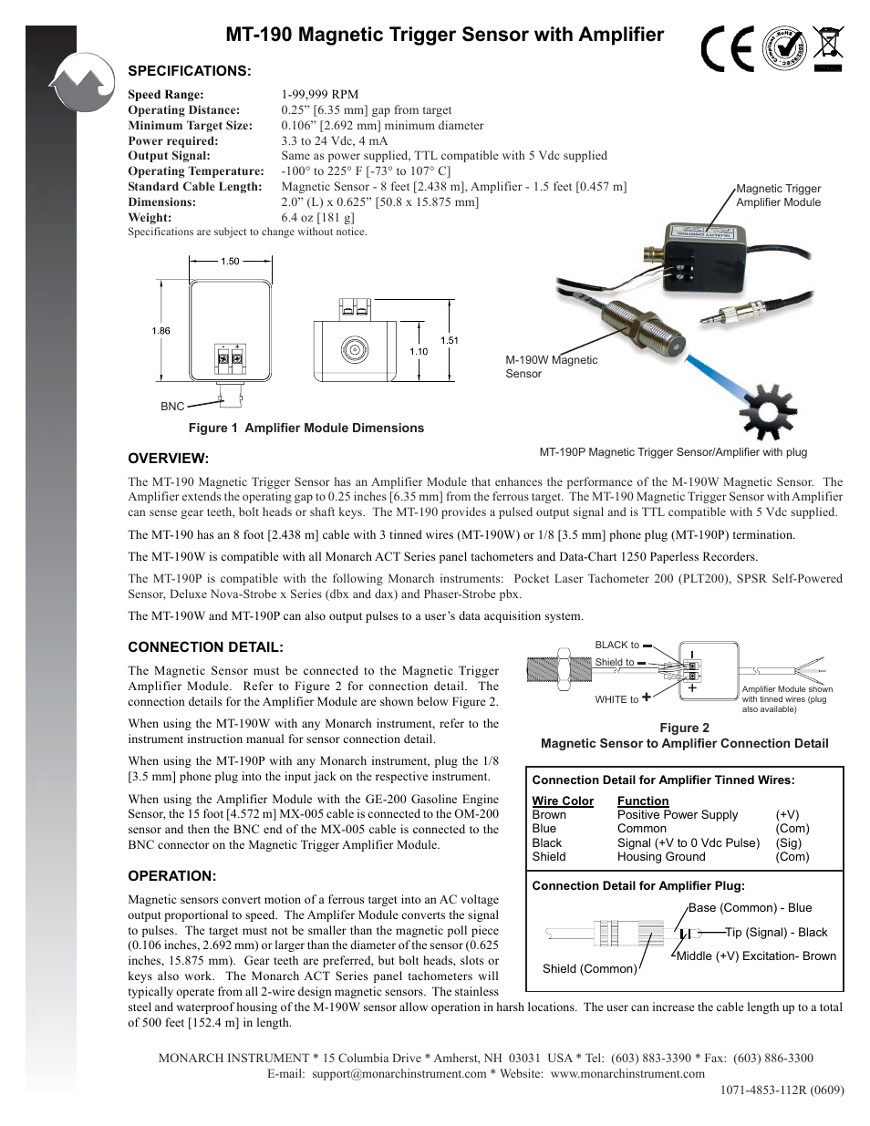 Mt-190 magnetic trigger sensor with amplifier | Monarch Instrument MT-190 User Manual | Page 2 / 2