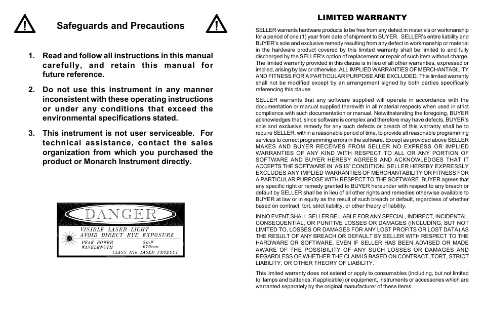 Safeguards and precautions | Monarch Instrument SPLS-5 Series User Manual | Page 2 / 10