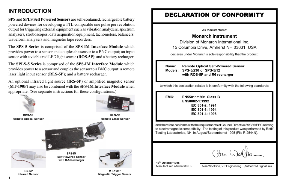 Introduction, Declaration of conformity, Monarch instrument | Monarch Instrument SPLS-5 Series User Manual | Page 4 / 10