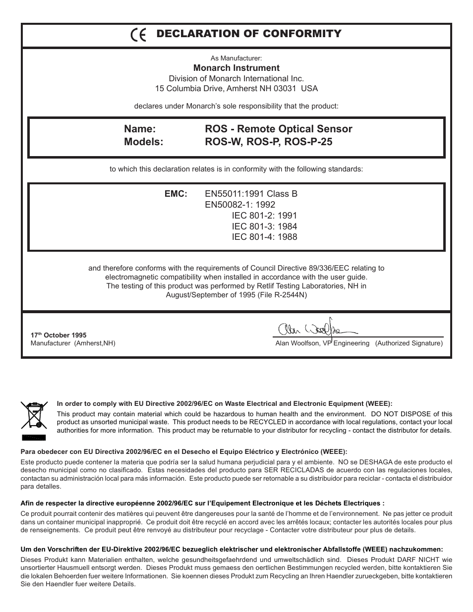 Declaration of conformity | Monarch Instrument ROS User Manual | Page 2 / 2