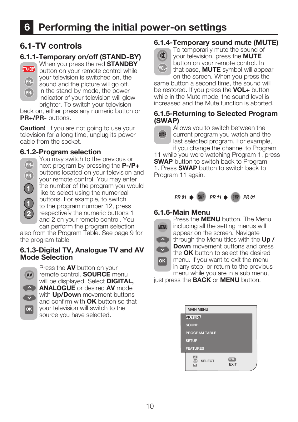 6performing the initial power-on settings, Tv controls | Beko 15LB250MID User Manual | Page 12 / 29