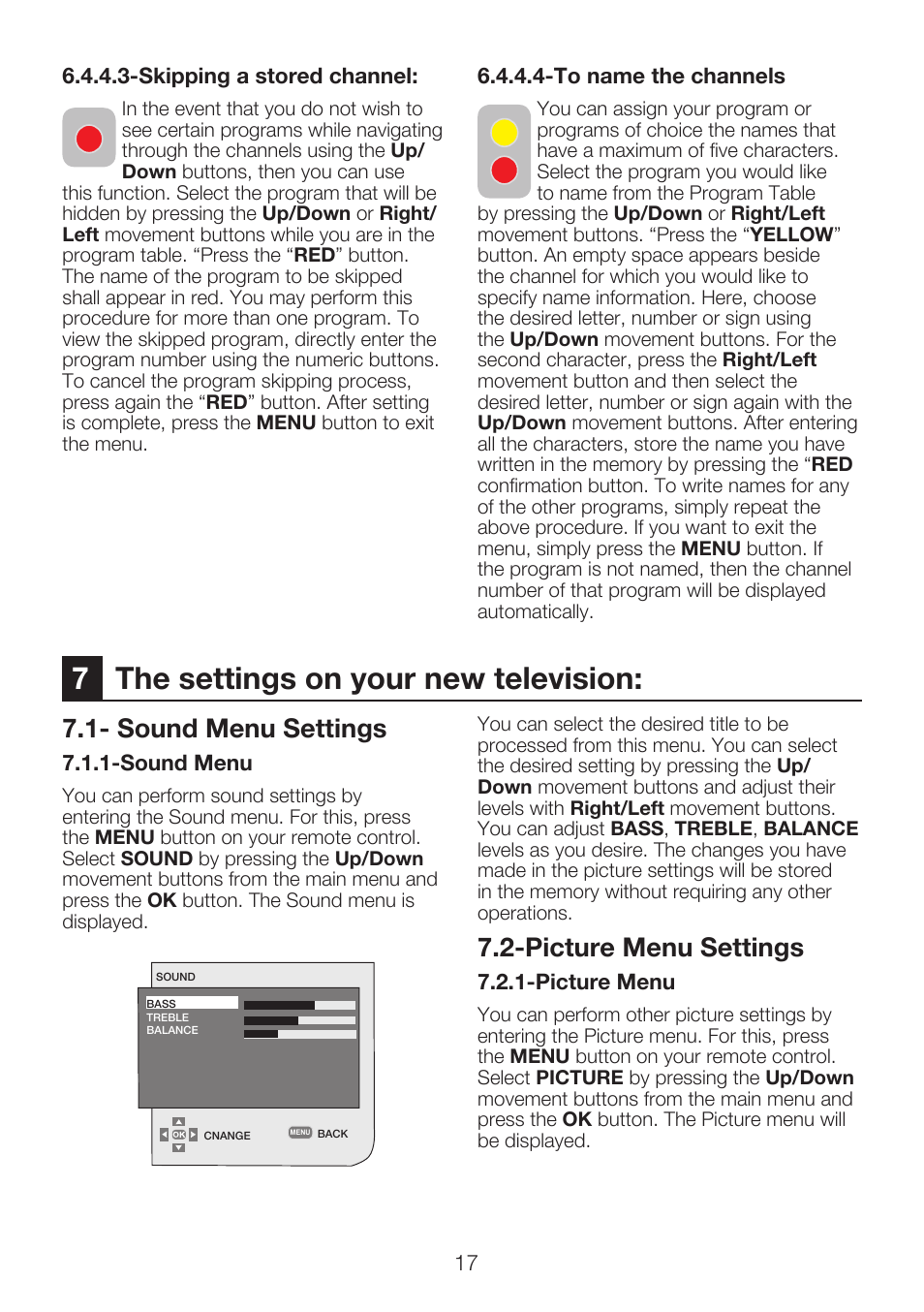 7the settings on your new television, Sound menu settings, Picture menu settings | Beko 15LB250MID User Manual | Page 19 / 29
