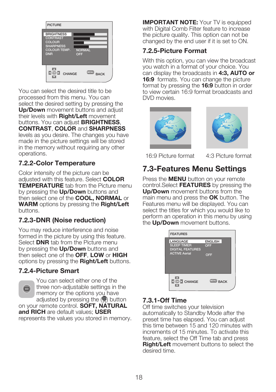 Features menu settings | Beko 15LB250MID User Manual | Page 20 / 29