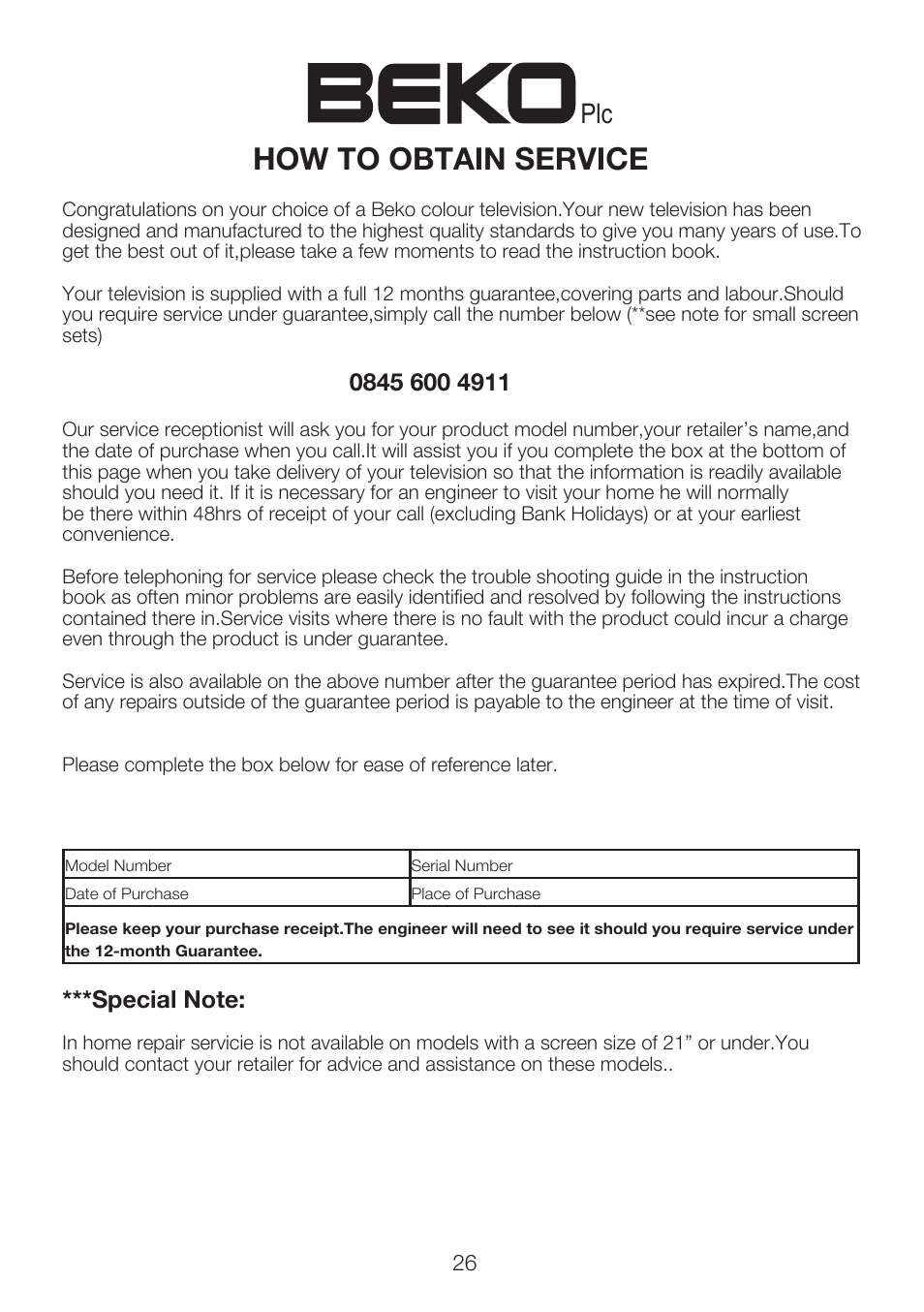 13 how to obtain service | Beko 15LB250MID User Manual | Page 28 / 29