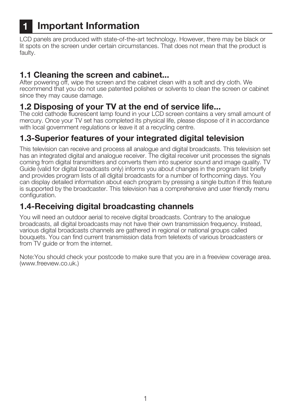 1important information, 1 cleaning the screen and cabinet, 2 disposing of your tv at the end of service life | Receiving digital broadcasting channels | Beko 15LB250MID User Manual | Page 3 / 29