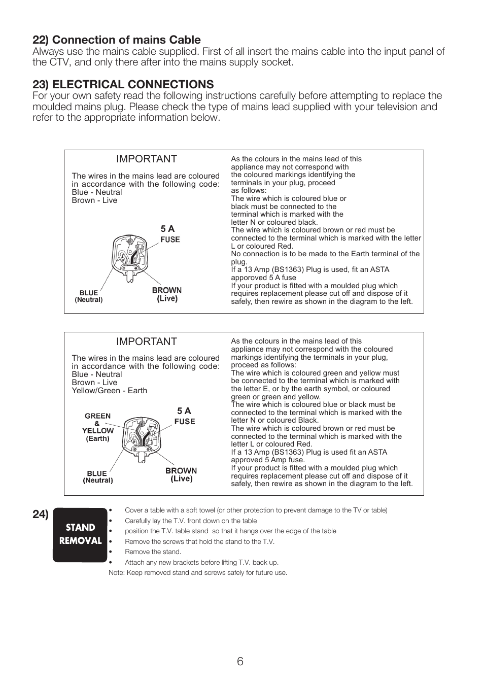 622) connection of mains cable, 23) electrical connections, Important | Beko 15LB250MID User Manual | Page 8 / 29