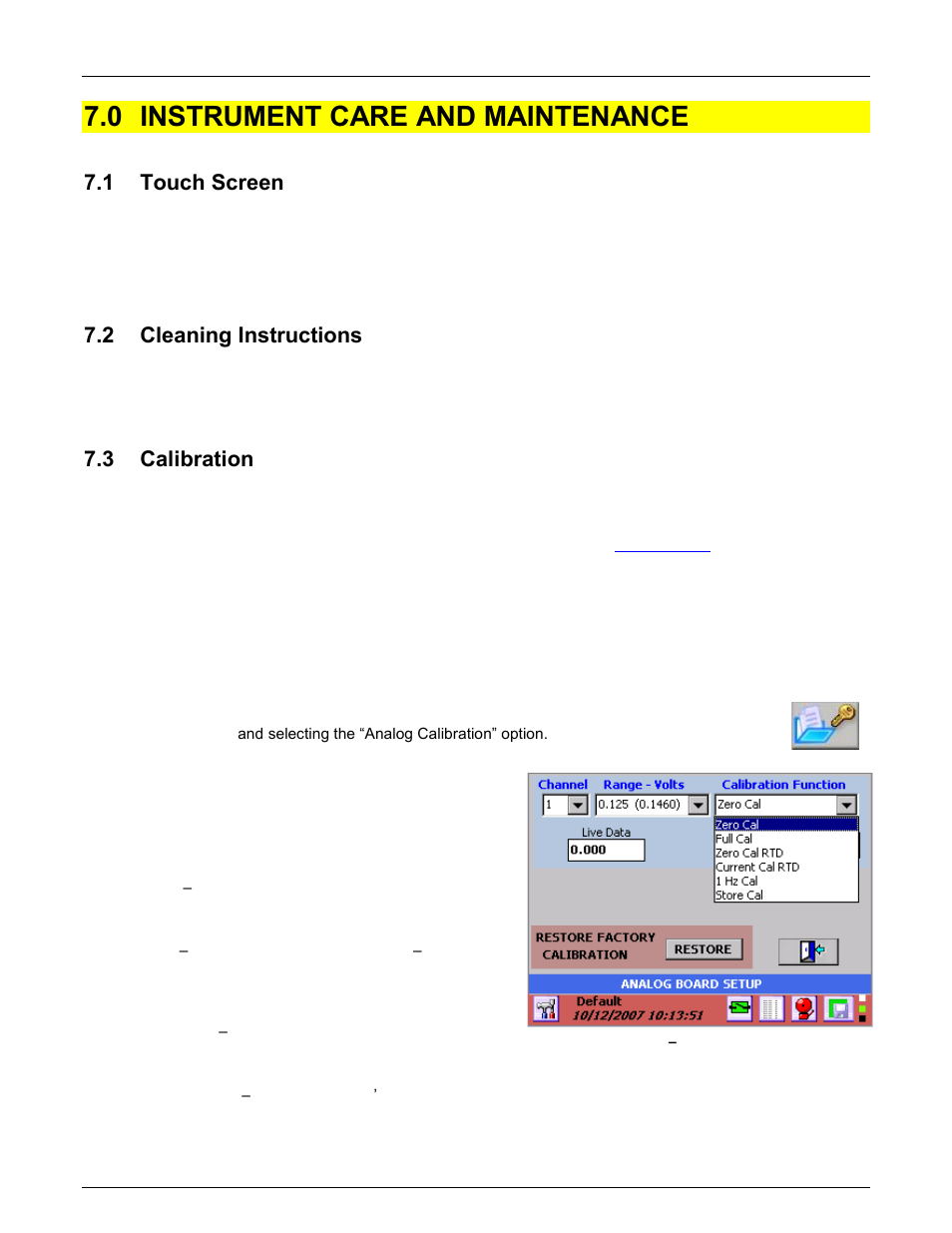 0 instrument care and maintenance, 1 touch screen, 2 cleaning instructions | 3 calibration, Instrument care and maintenance, Touch screen, Cleaning instructions, Calibration, Section 6.3 | Monarch Instrument DC6000 User Manual | Page 111 / 121