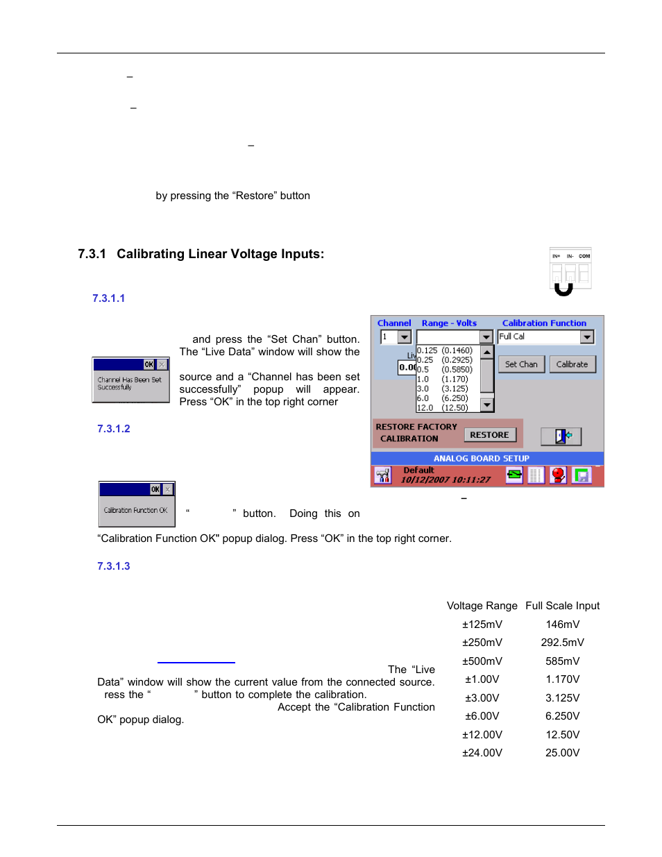 1 calibrating linear voltage inputs, 1 set channel, 2 zero cal | 3 full cal, Calibrating linear voltage inputs, Set channel, Zero cal, Full cal | Monarch Instrument DC6000 User Manual | Page 112 / 121