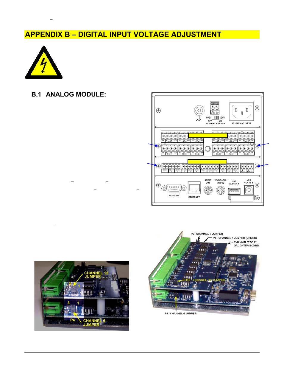Appendix b – digital input voltage adjustment, B.1 analog module, Analog module | Appendix b, User selectable, Warning | Monarch Instrument DC6000 User Manual | Page 119 / 121