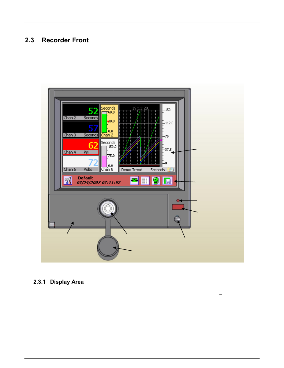 3 recorder front, 1 display area, Recorder front | Display area | Monarch Instrument DC6000 User Manual | Page 12 / 121