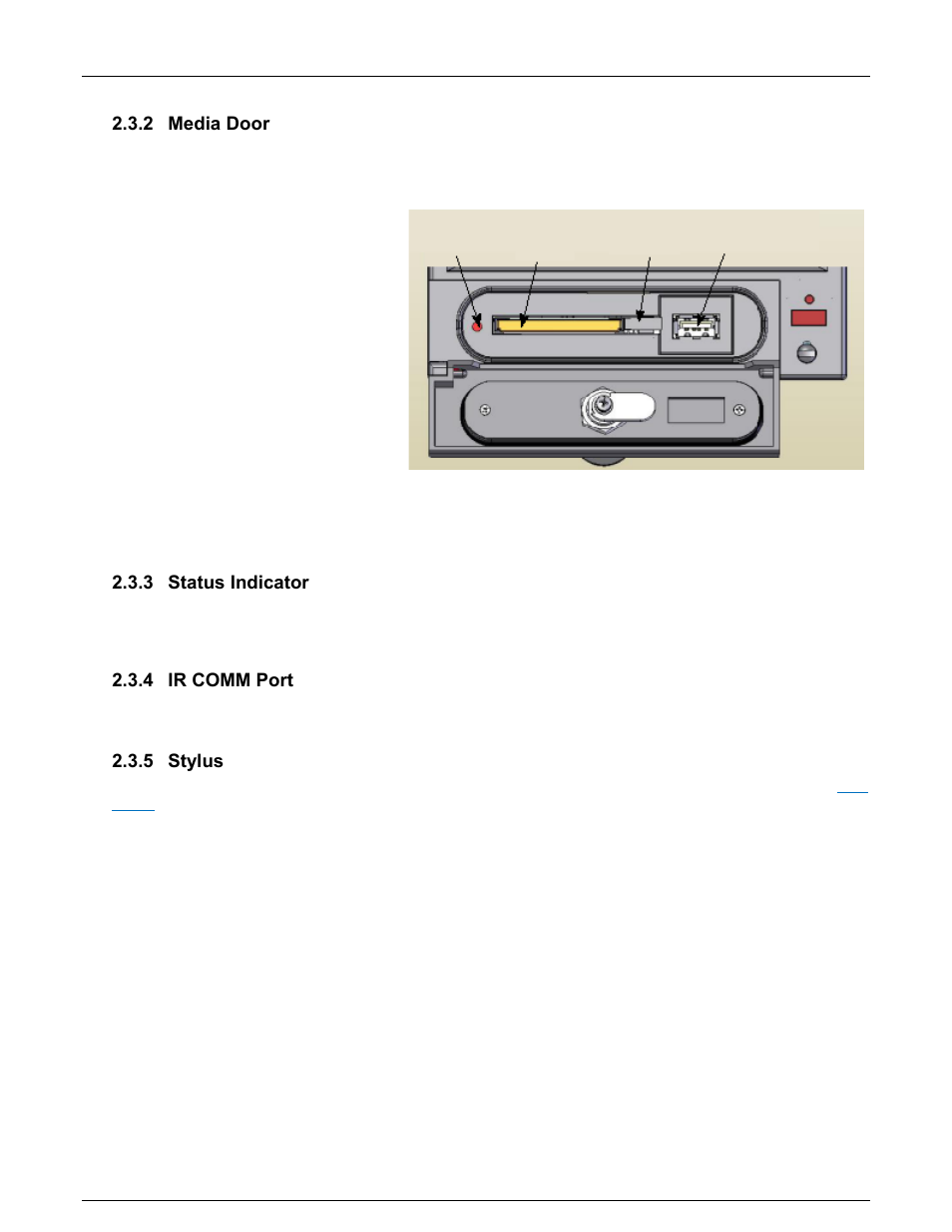 2 media door, 3 status indicator, 4 ir comm port | 5 stylus, Media door, Status indicator, Ir comm port, Stylus | Monarch Instrument DC6000 User Manual | Page 13 / 121