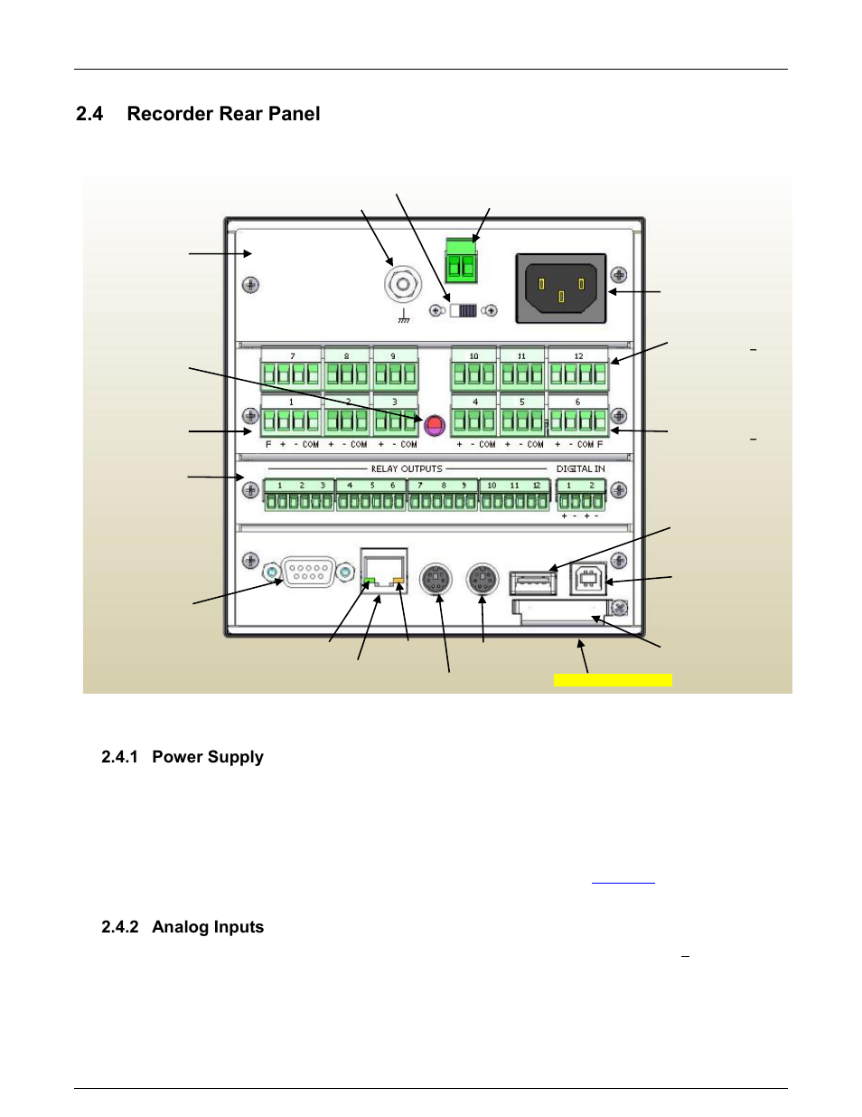 4 recorder rear panel, 1 power supply, 2 analog inputs | Recorder rear panel, Power supply, Analog inputs | Monarch Instrument DC6000 User Manual | Page 14 / 121