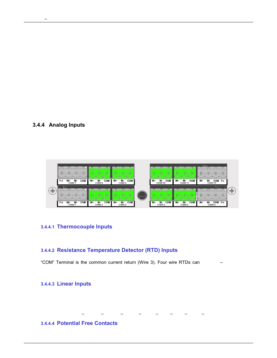 4 analog inputs, 1 thermocouple inputs, 2 resistance temperature detector (rtd) inputs | 3 linear inputs, 4 potential free contacts, Analog inputs, Thermocouple inputs, Resistance temperature detector (rtd) inputs, Linear inputs, Potential free contacts | Monarch Instrument DC6000 User Manual | Page 28 / 121