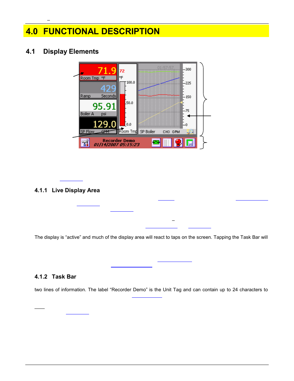 0 functional description, 1 display elements, 1 live display area | 2 task bar, Functional description, Display elements, Live display area, Task bar | Monarch Instrument DC6000 User Manual | Page 33 / 121