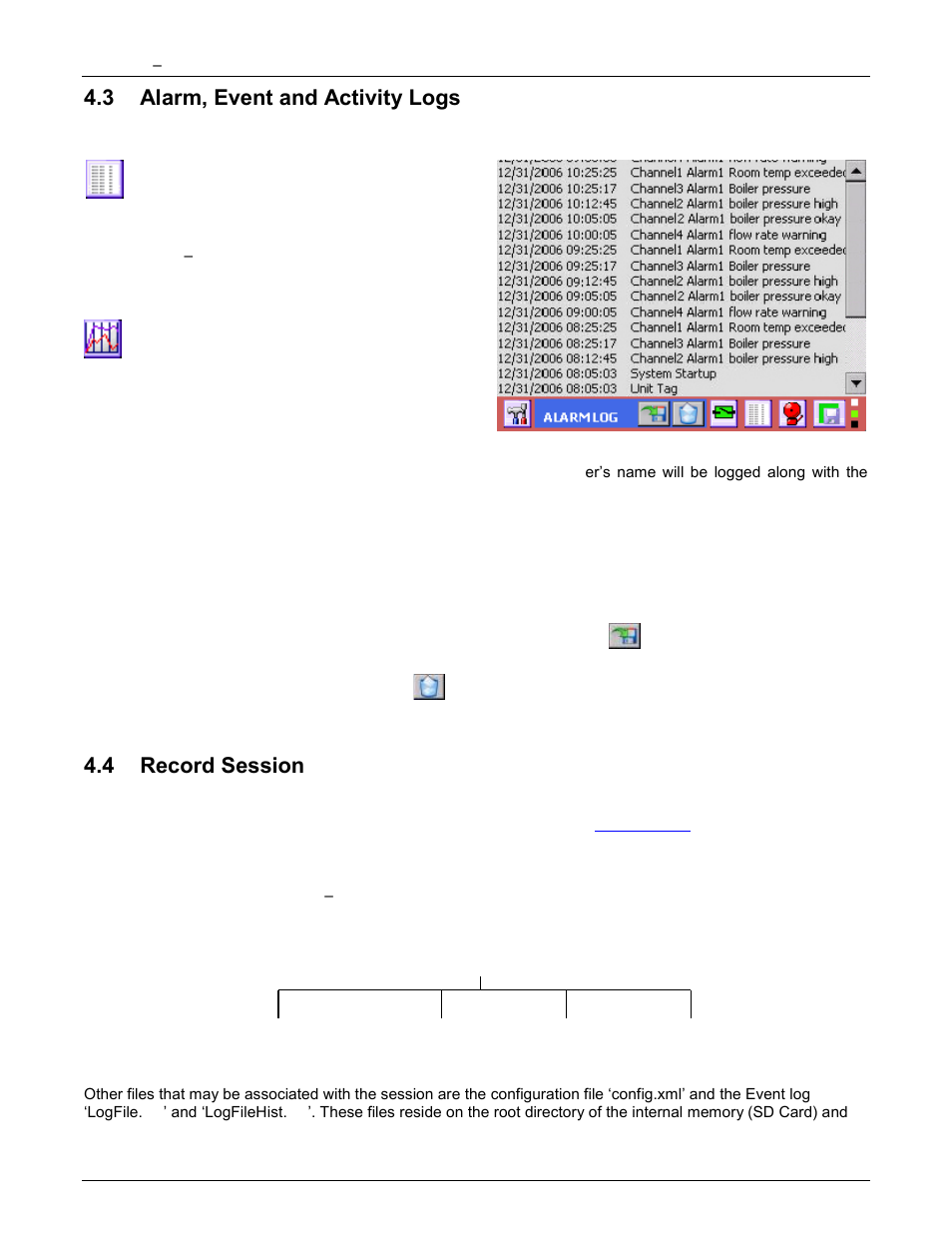 3 alarm, event and activity logs, 4 record session, Alarm, event and activity logs | Record session, Alarm event log, Event log then the alarm, Log then the activity log | Monarch Instrument DC6000 User Manual | Page 36 / 121