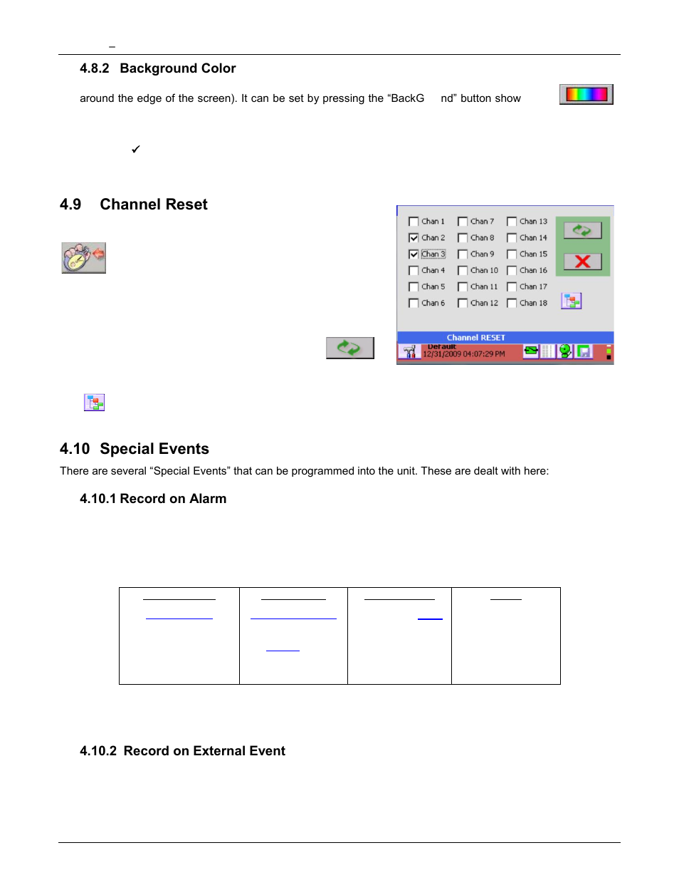 2 background color, 9 channel reset, 10 special events | 1 record on alarm, 2 record on external event, Background color, Channel reset, Special events, Record on alarm, Record on external event | Monarch Instrument DC6000 User Manual | Page 40 / 121