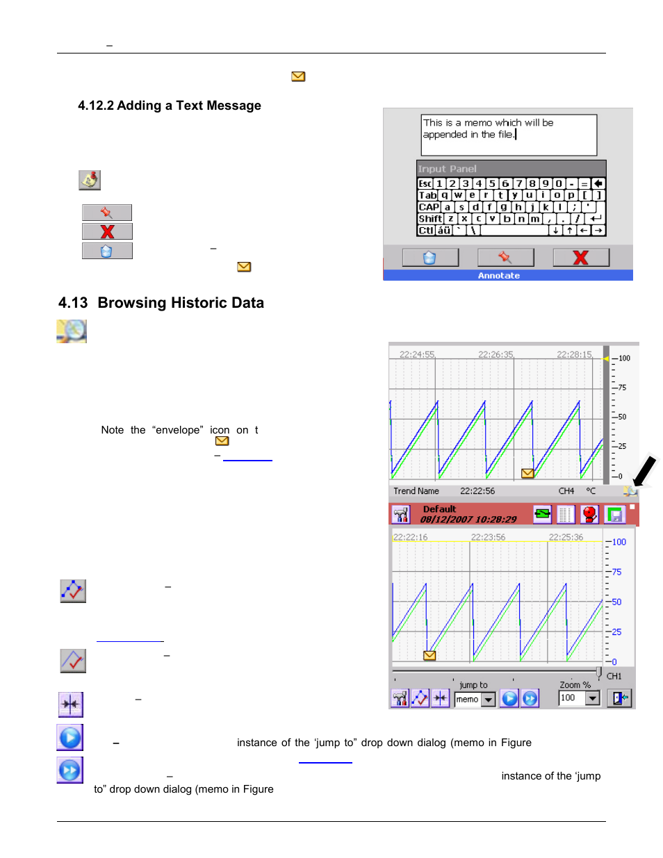 2 adding a text message, 13 browsing historic data, Adding a text message | Browsing historic data, Text message, Section 4.12.2 | Monarch Instrument DC6000 User Manual | Page 43 / 121