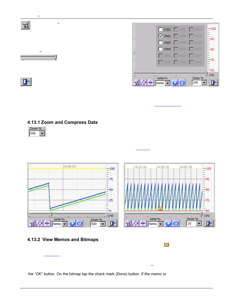 1 zoom and compress data, 2 view memos and bitmaps, Zoom and compress data | View memos and bitmaps, See below, Figure 4-13.4 | Monarch Instrument DC6000 User Manual | Page 44 / 121