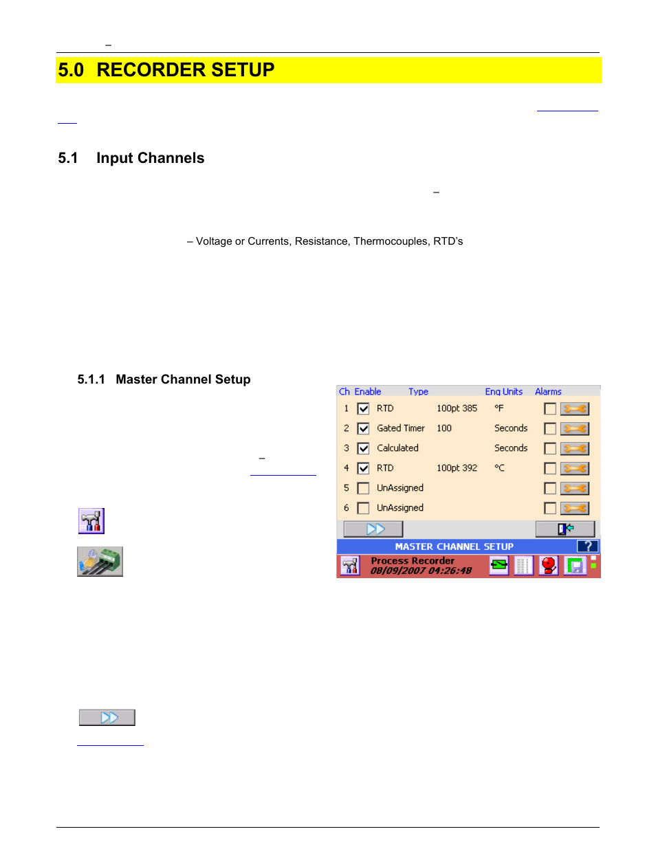 0 recorder setup, 1 input channels, 1 master channel setup | Recorder setup, Input channels, Master channel setup, Universal inputs, Details here | Monarch Instrument DC6000 User Manual | Page 47 / 121