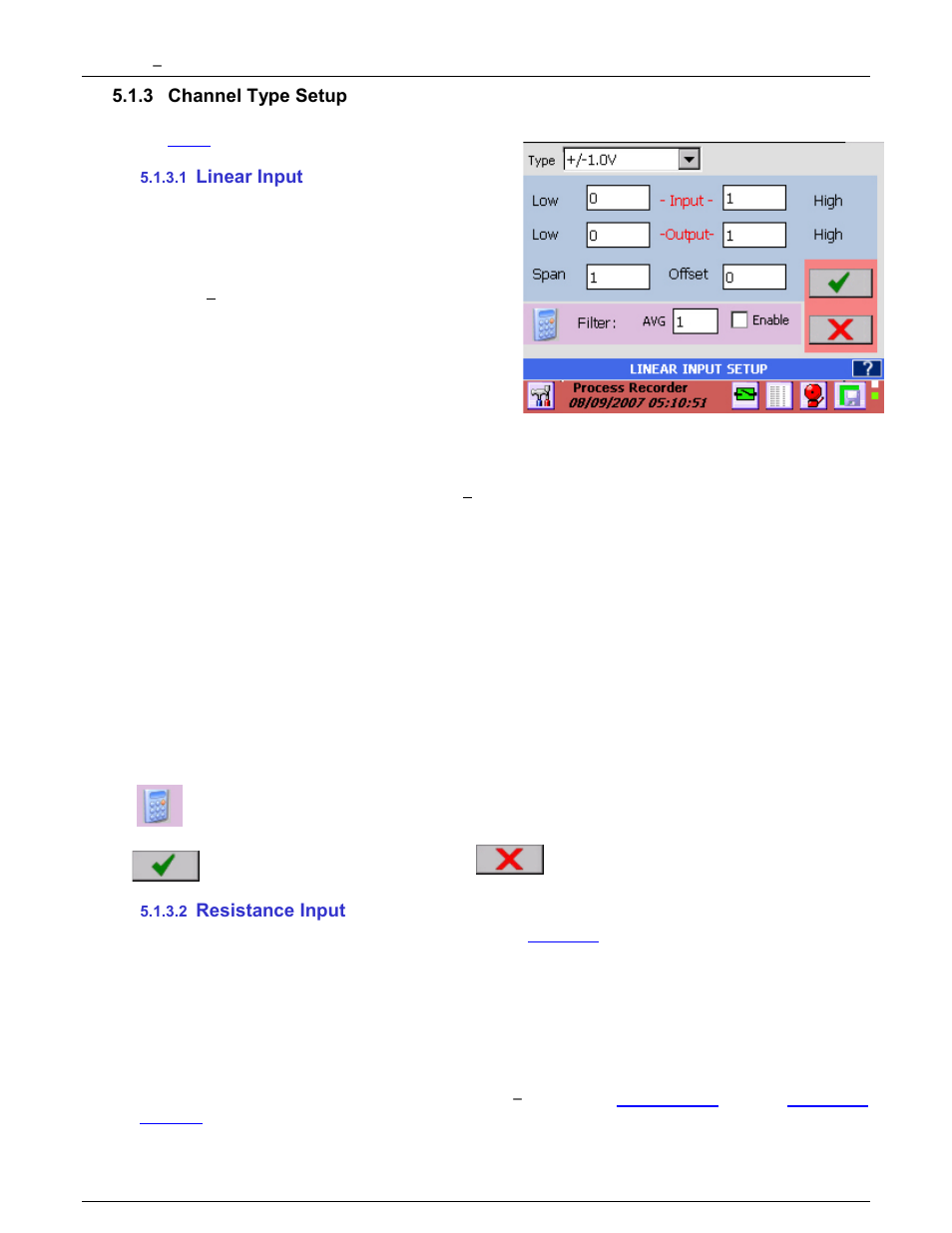 3 channel type setup, 1 linear input, 2 resistance input | Channel type setup, Linear input, Resistance input, Channel, Type setup | Monarch Instrument DC6000 User Manual | Page 50 / 121