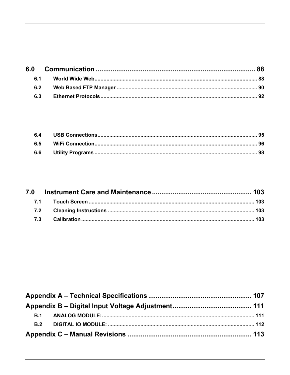 Communication, Instrument care and maintenance, Appendix a – technical specifications | Appendix b – digital input voltage adjustment, Appendix c – manual revisions | Monarch Instrument DC6000 User Manual | Page 6 / 121