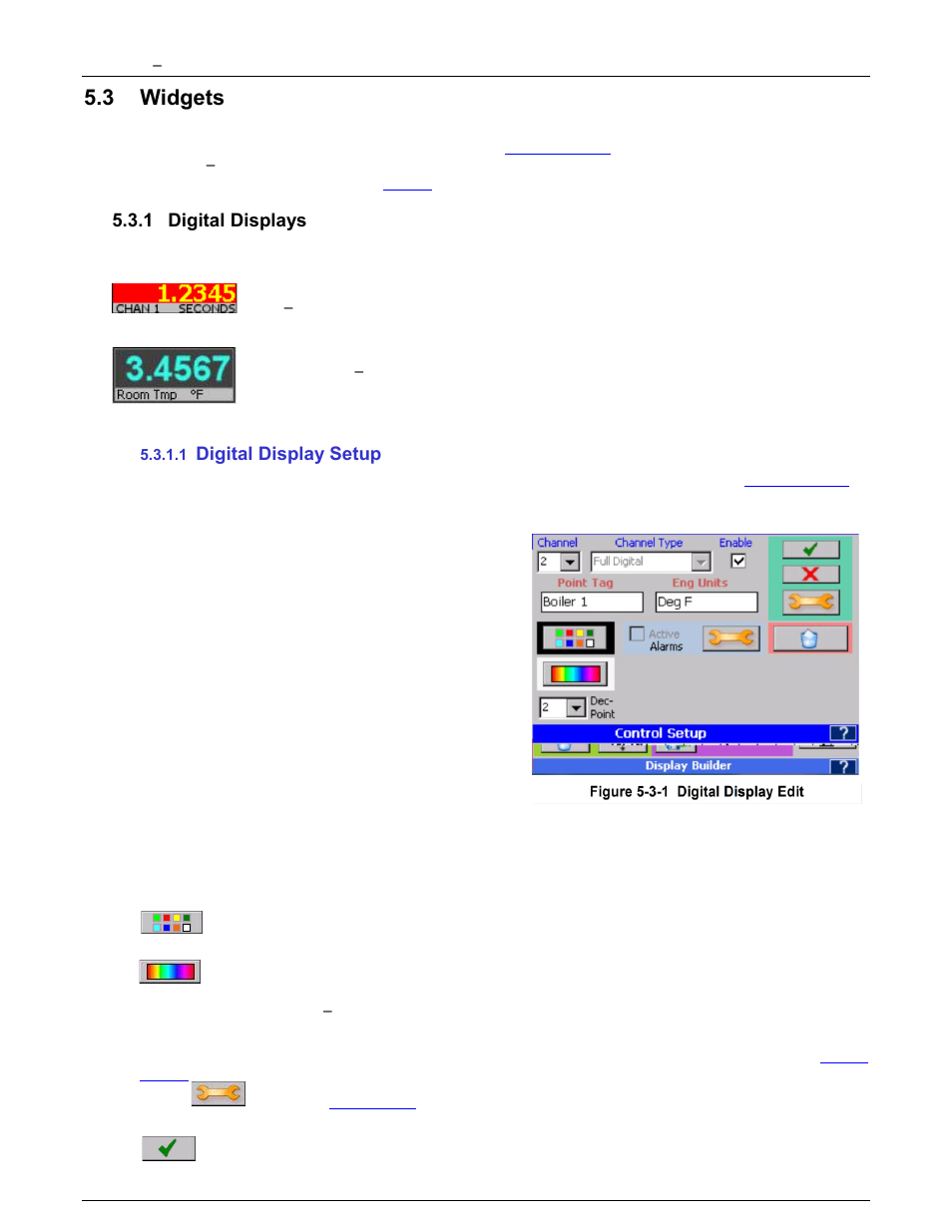 3 widgets, 1 digital displays, 1 digital display setup | Widgets, Digital displays, Digital display setup, Widget control, Below, Digital, Display | Monarch Instrument DC6000 User Manual | Page 64 / 121