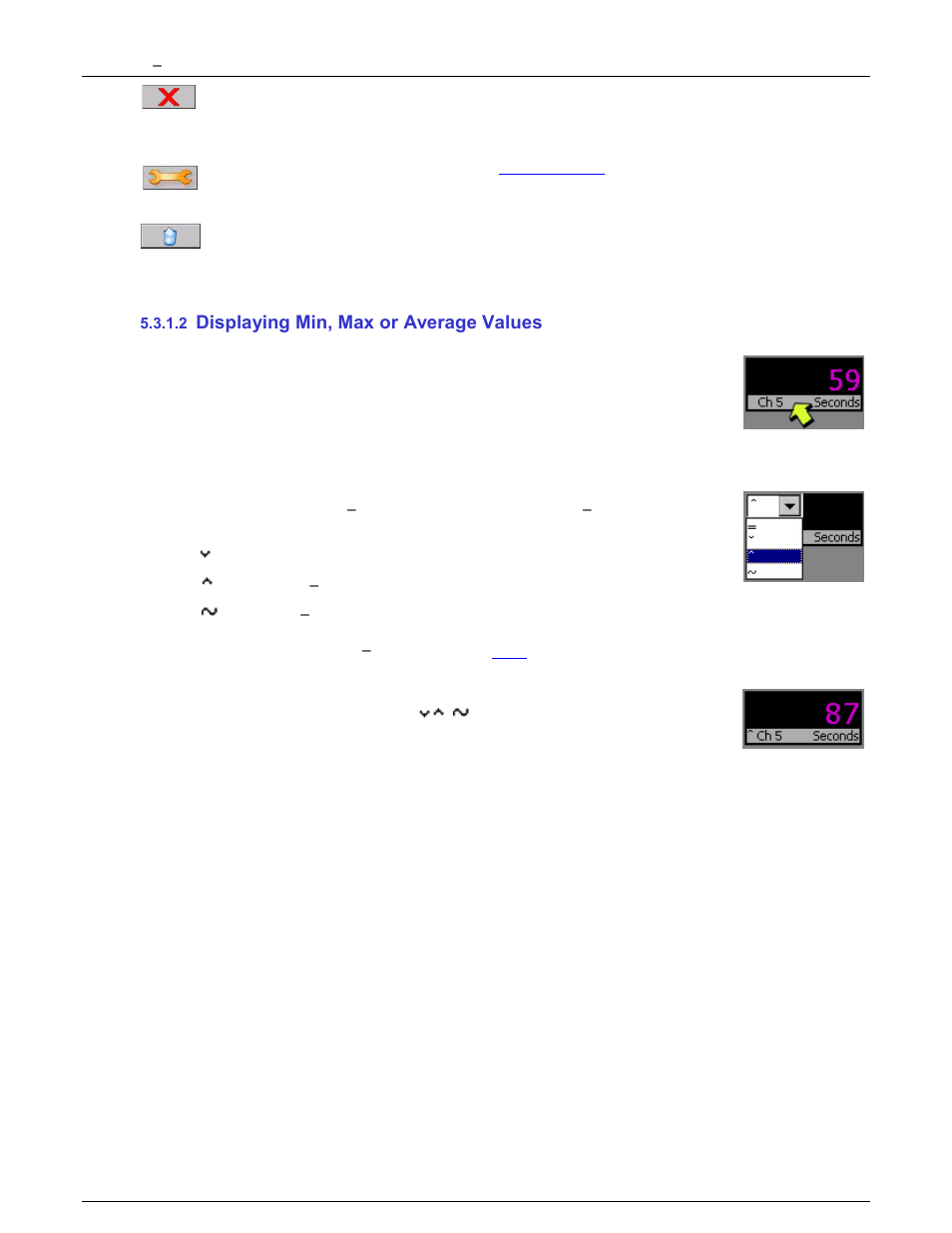 2 displaying min, max or average values, Displaying min, max or average values, Display of max, min | Monarch Instrument DC6000 User Manual | Page 65 / 121