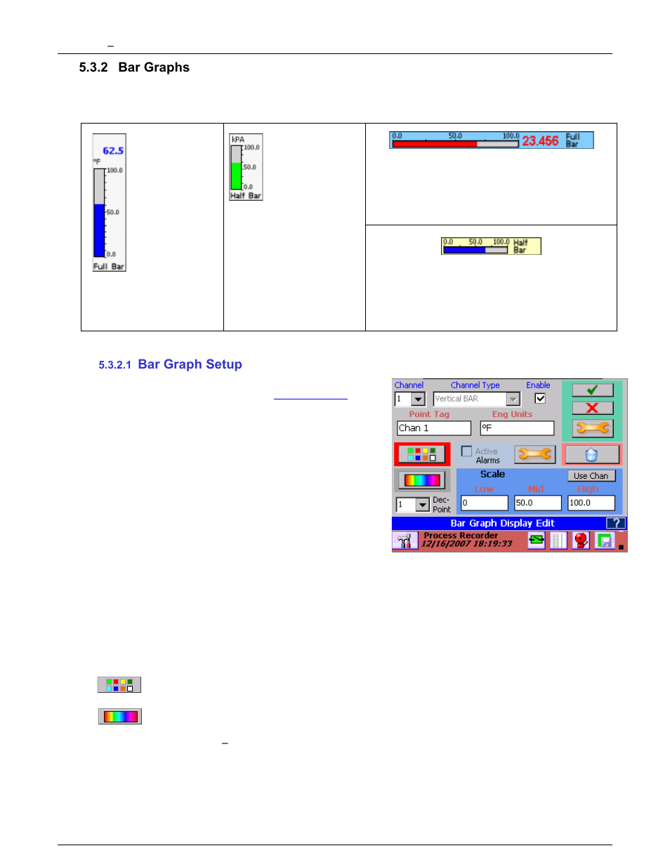 2 bar graphs, 1 bar graph setup, Bar graphs | Bar graph setup, Bar charts | Monarch Instrument DC6000 User Manual | Page 66 / 121