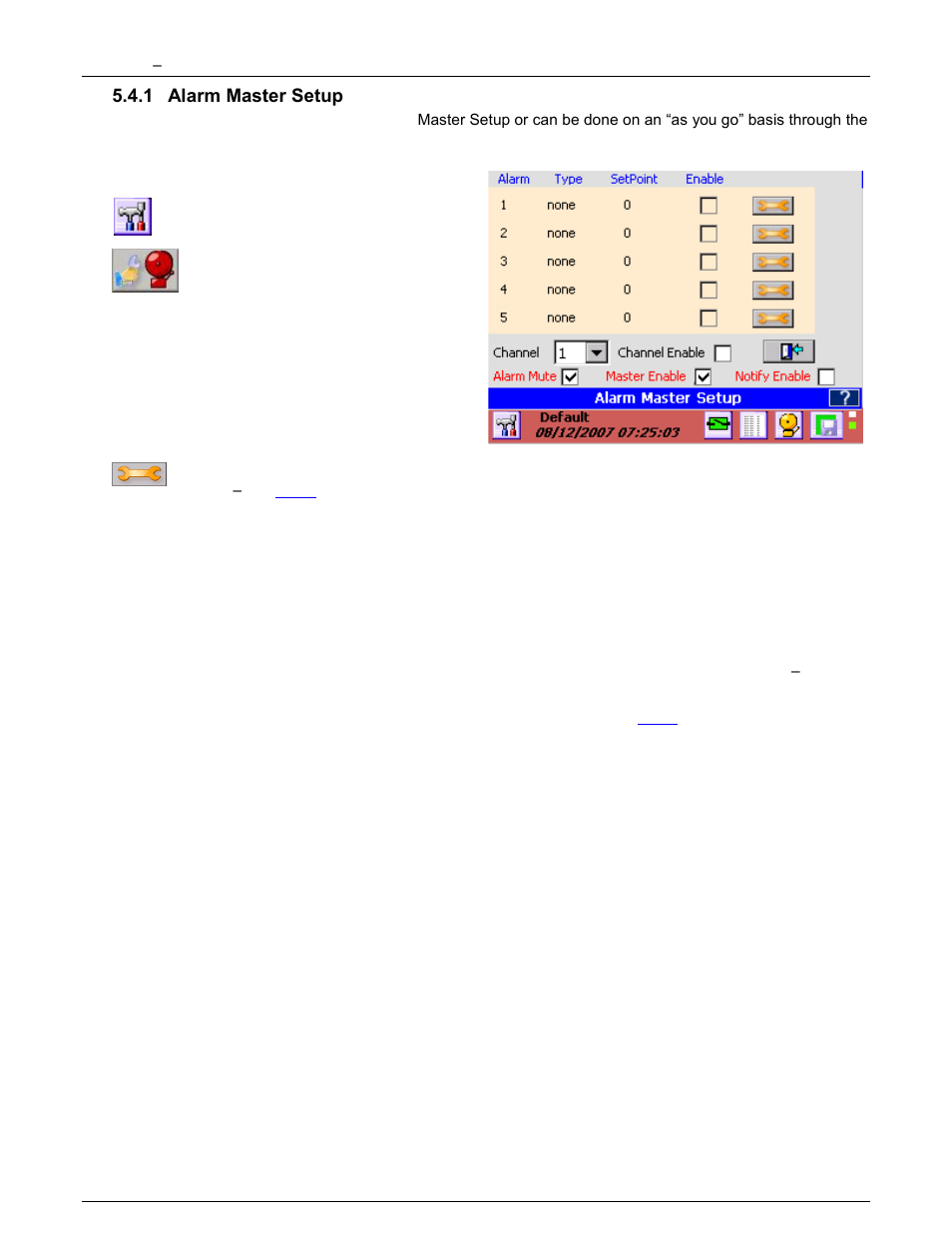 1 alarm master setup, Alarm master setup, Master enable | Details here, Enabled, Channel enable, Notify enable, Master, Enable | Monarch Instrument DC6000 User Manual | Page 72 / 121