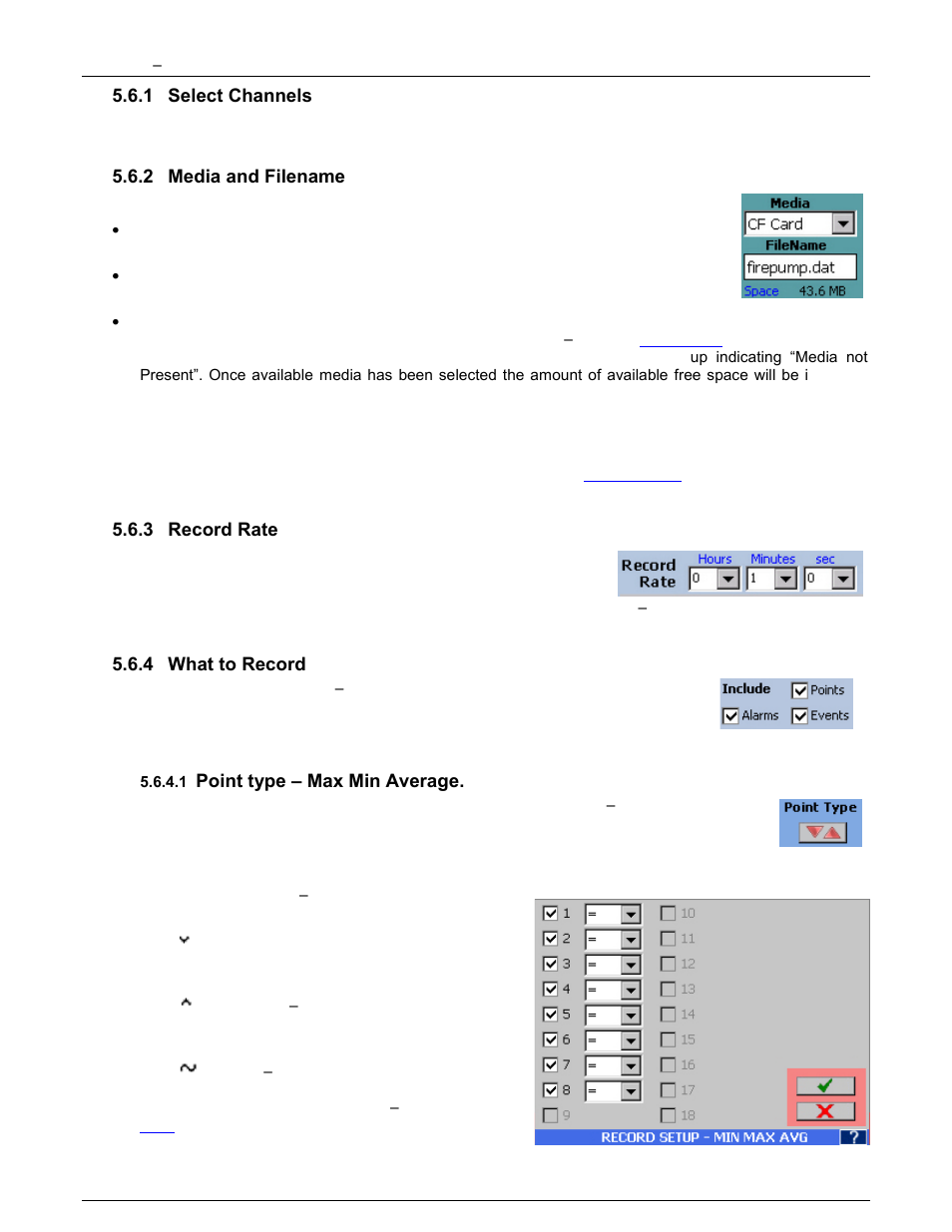 1 select channels, 2 media and filename, 3 record rate | 4 what to record, 1 point type – max min average, Select channels, Media and filename, Record rate, What to record, Point type | Monarch Instrument DC6000 User Manual | Page 79 / 121