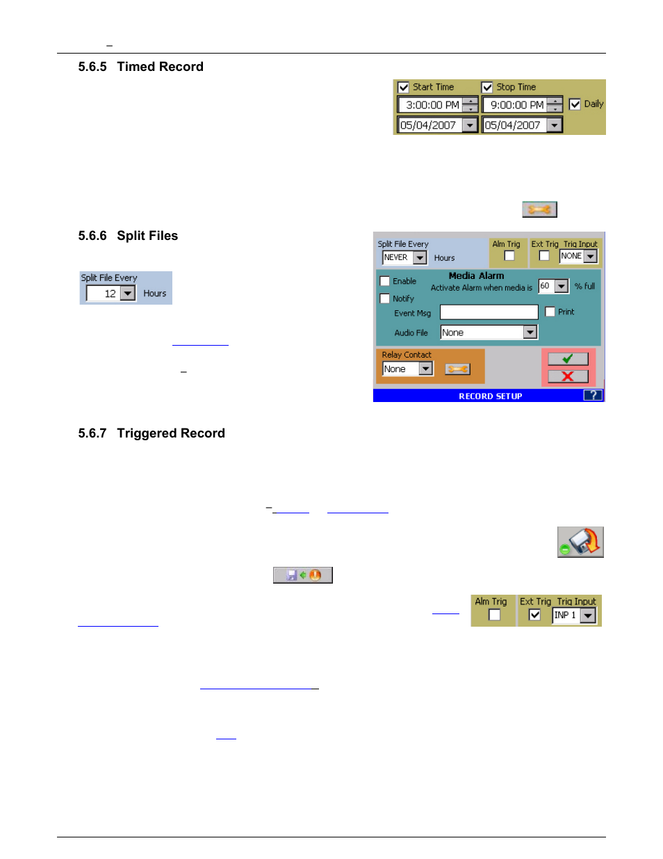 5 timed record, 6 split files, 7 triggered record | Timed record, Split files, Triggered record, External, Trigger condition | Monarch Instrument DC6000 User Manual | Page 80 / 121