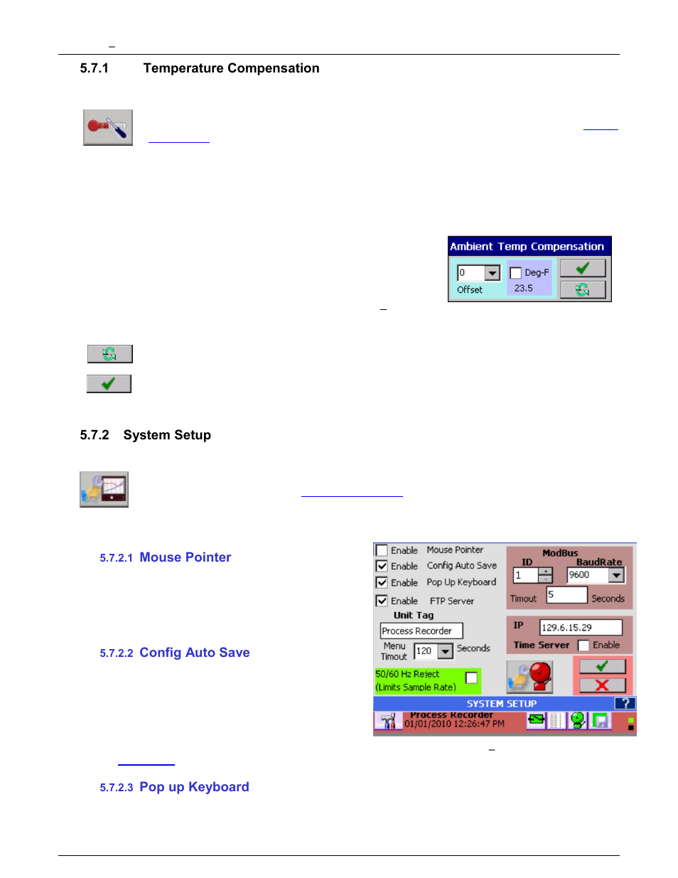 1 temperature compensation, 2 system setup, 1 mouse pointer | 2 config auto save, 3 pop up keyboard, Temperature compensation, System setup, Mouse pointer, Config auto save, Pop up keyboard | Monarch Instrument DC6000 User Manual | Page 84 / 121