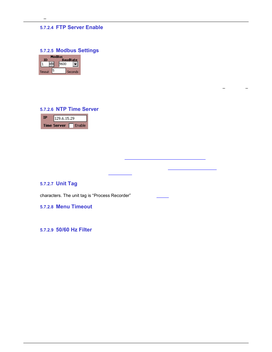 4 ftp server enable, 5 modbus settings, 6 ntp time server | 7 unit tag, 8 menu timeout, 9 50/60 hz filter, Ftp server enable, Modbus settings, Ntp time server, Unit tag | Monarch Instrument DC6000 User Manual | Page 85 / 121