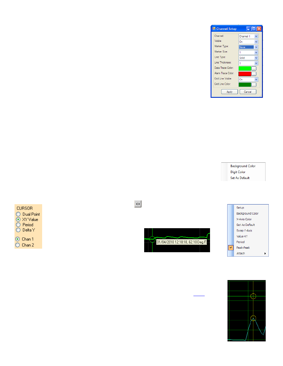 (graph) setup, Background color, X-axis color | Vertical grid line color, Set as default, Swap y-axis, Digital display setup, Using the cursor, Value - xy, Dual point | Monarch Instrument Track-It User Manual | Page 10 / 22