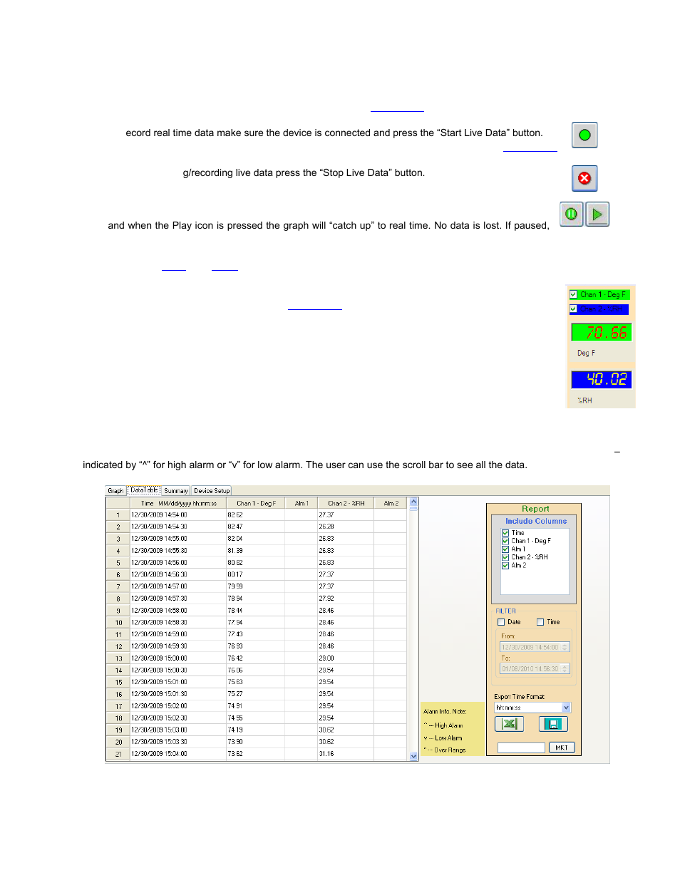 Live data, Data table | Monarch Instrument Track-It User Manual | Page 12 / 22