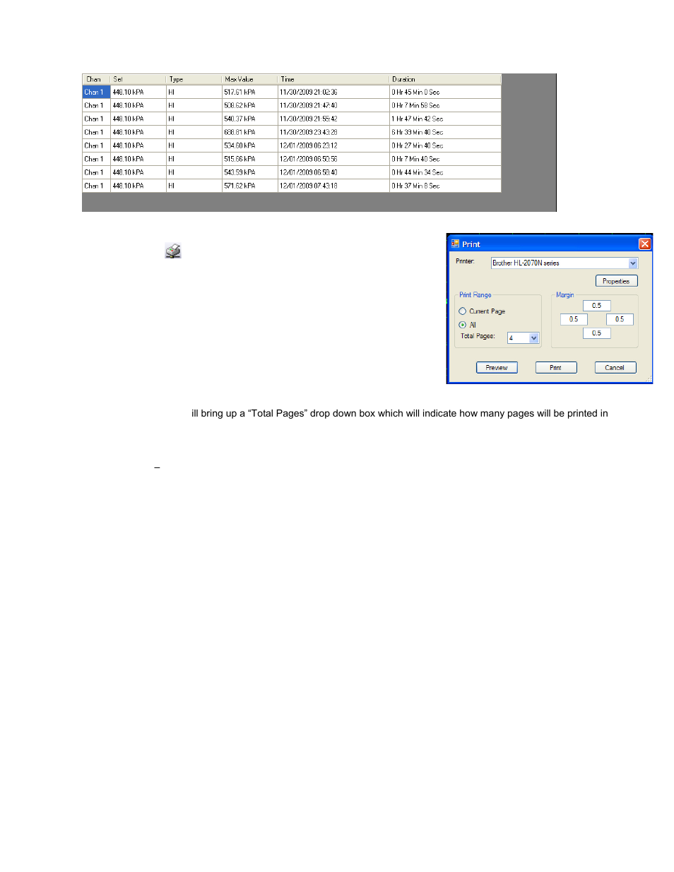 Alarm summary, Printing, Print range | Margin, Preview, Print, Cancel | Monarch Instrument Track-It User Manual | Page 14 / 22