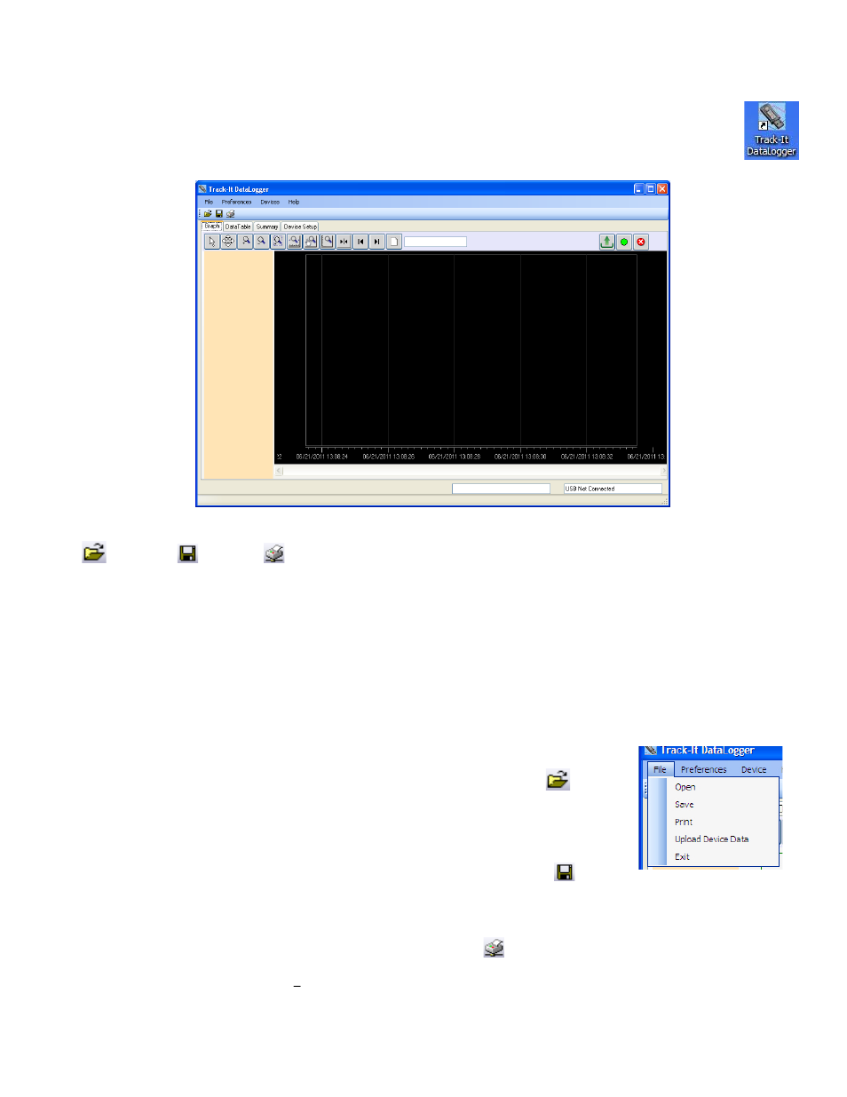 Operation, Start up, File | Open, Save, Print | Monarch Instrument Track-It User Manual | Page 5 / 22