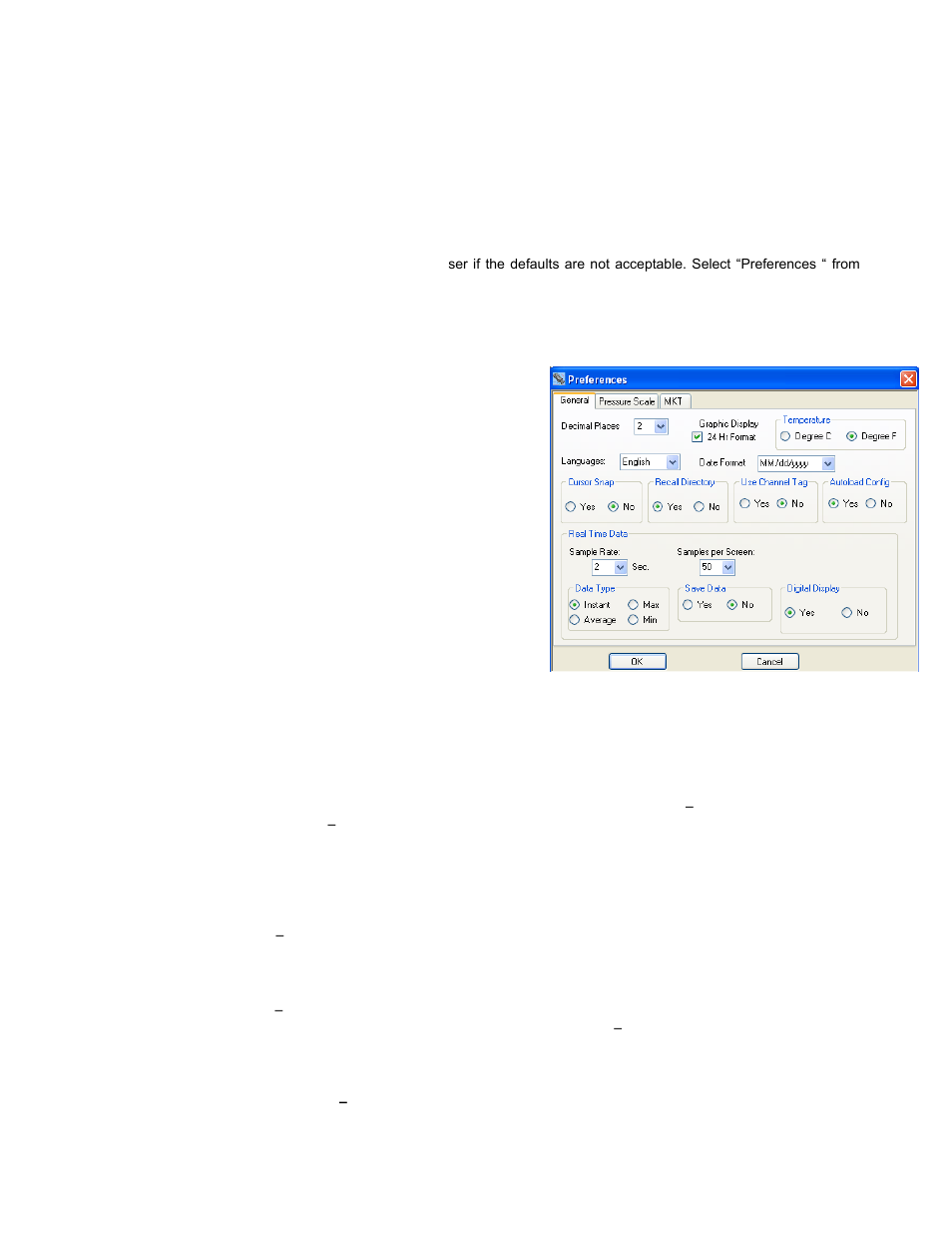 Upload device data, Exit, Preferences | The general tab, Decimal places, Graphic display 24 hr format, Temperature, Languages, Date format, Cursor snap to point | Monarch Instrument Track-It User Manual | Page 6 / 22