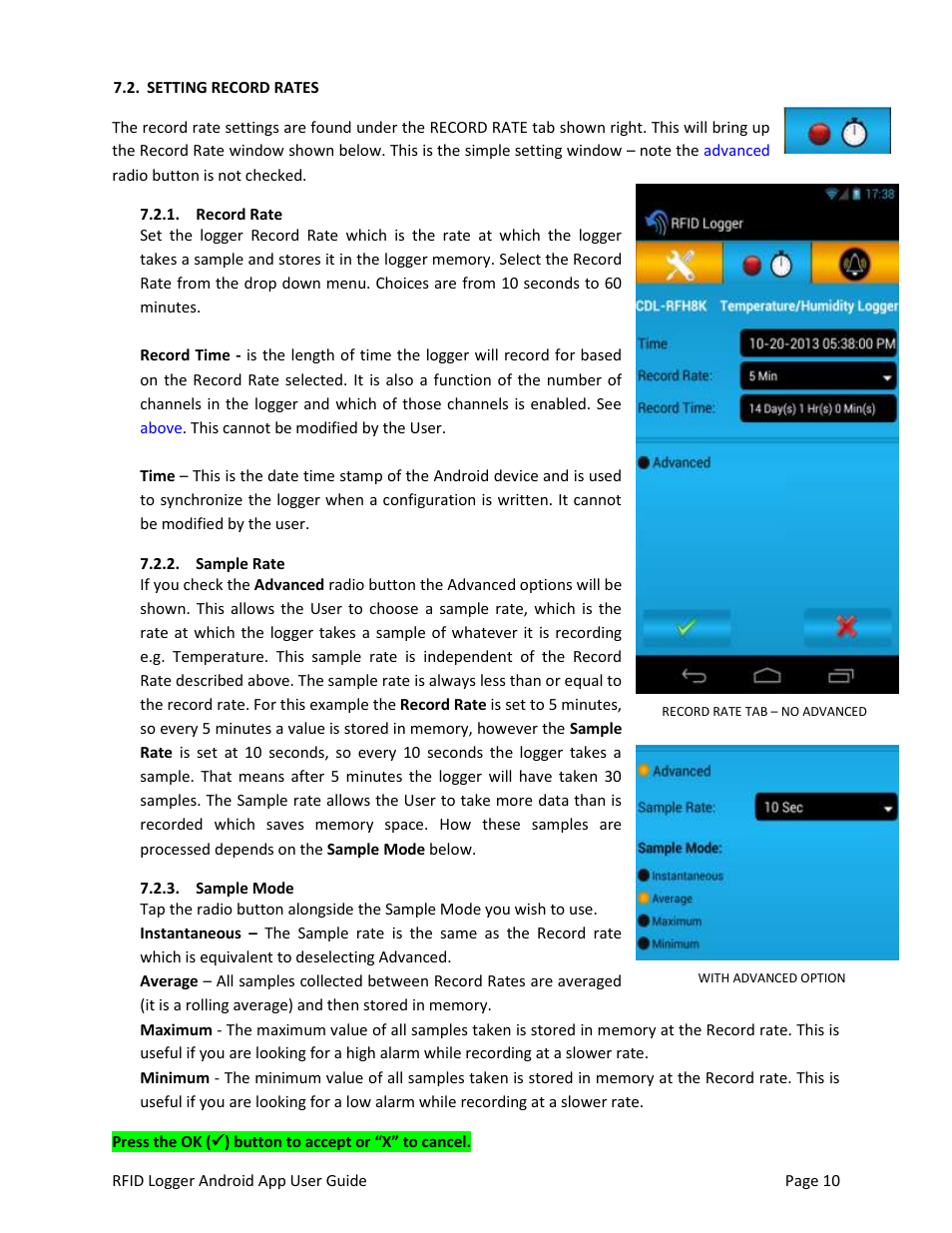 Setting record rates, Record rate, Sample rate | Sample mode | Monarch Instrument Android Application User Manual | Page 10 / 12