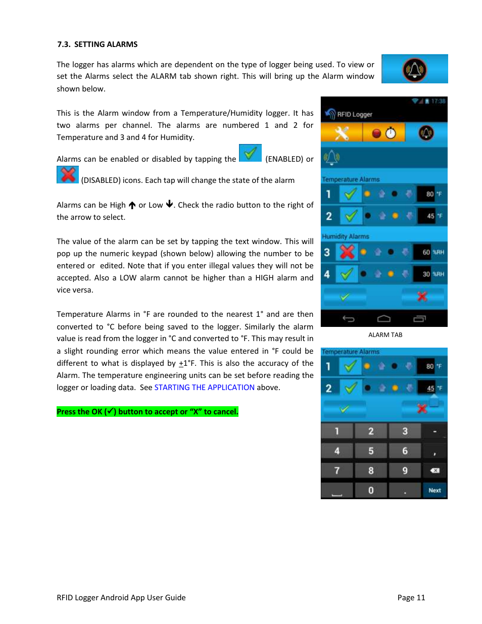 Setting alarms, Alarms | Monarch Instrument Android Application User Manual | Page 11 / 12