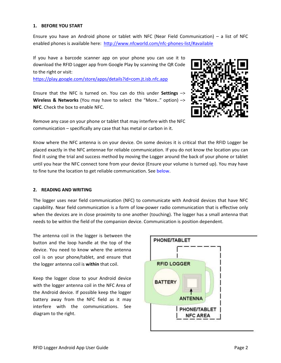 Before you start, Reading and writing | Monarch Instrument Android Application User Manual | Page 2 / 12